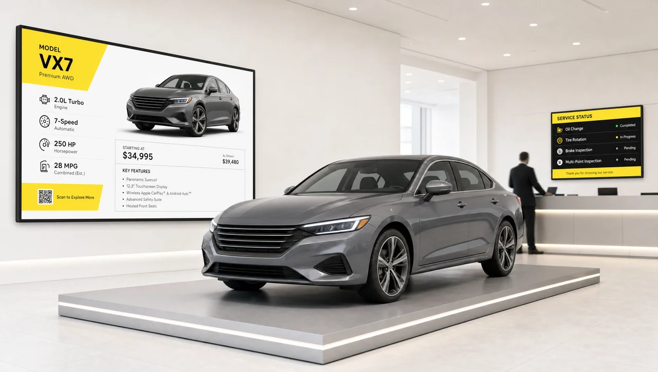 Car dealership showroom with a vehicle-specs screen next to a car on display and a service-status board near the service desk.