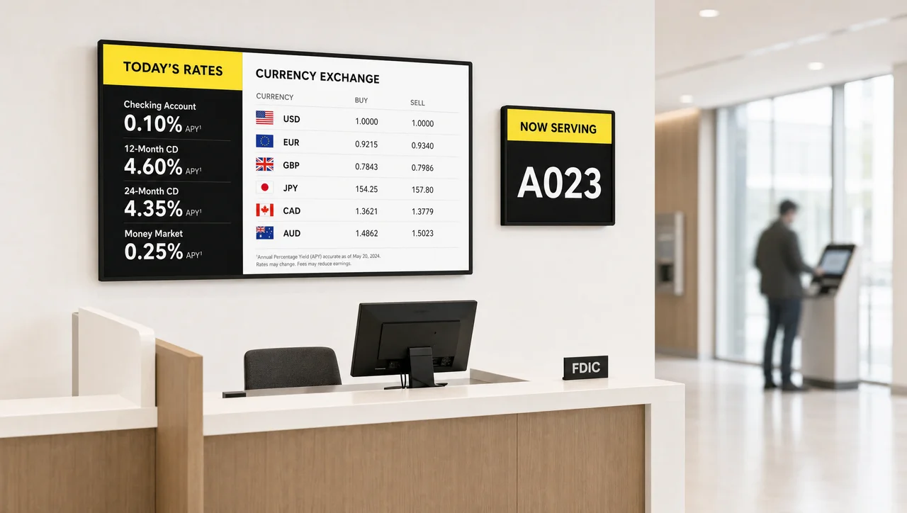 Bank branch with a screen showing exchange rates and interest rates above the teller counter, plus a queue-number display.