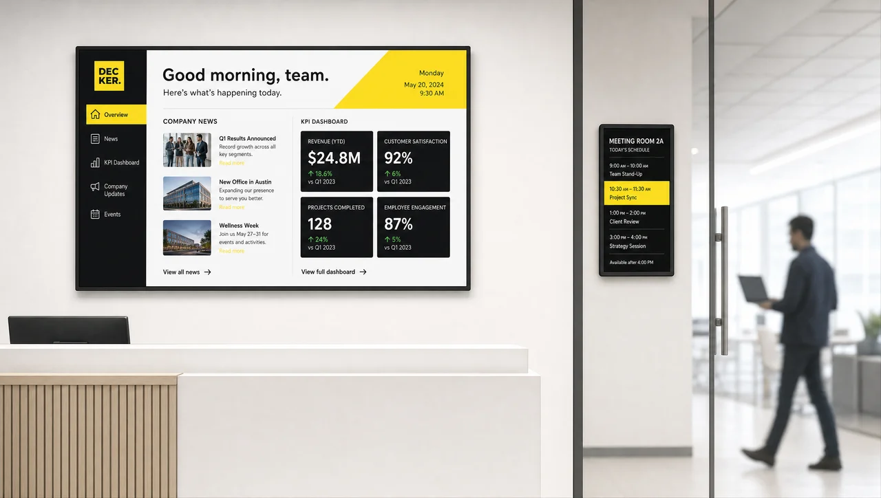 Office reception area with a company news and KPI dashboard screen, plus a meeting-room schedule display by a glass door.
