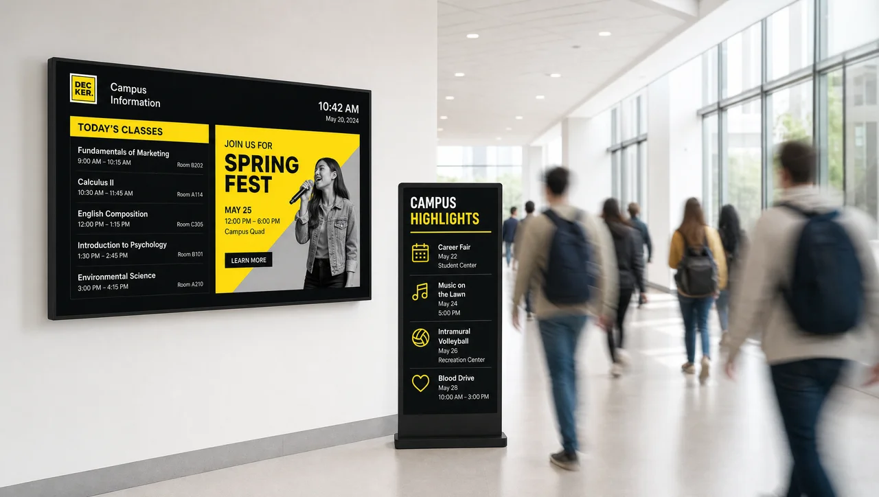 University hallway with an announcements screen showing the class schedule and an upcoming campus event.