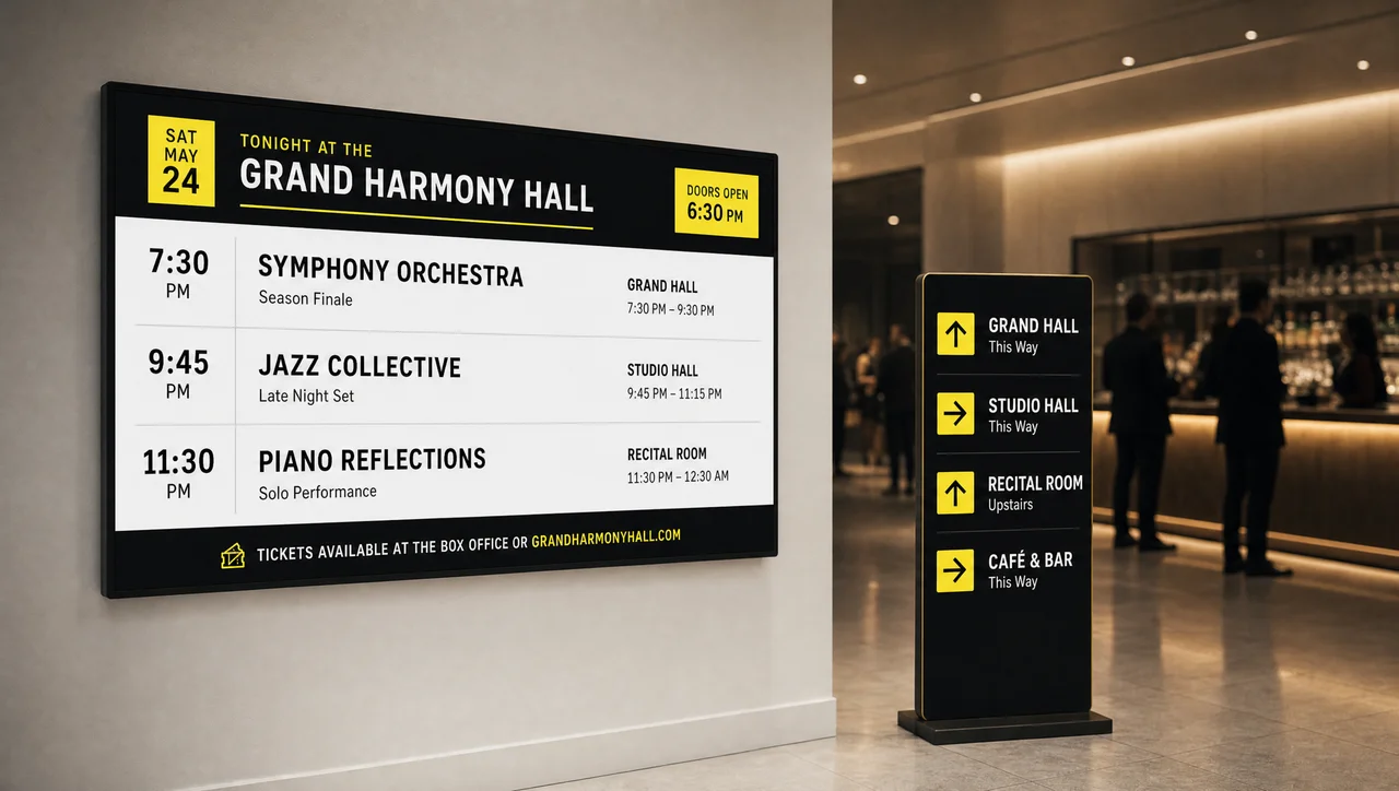 Concert venue lobby with an event-schedule screen near the entrance and a wayfinding display pointing to halls and the bar.