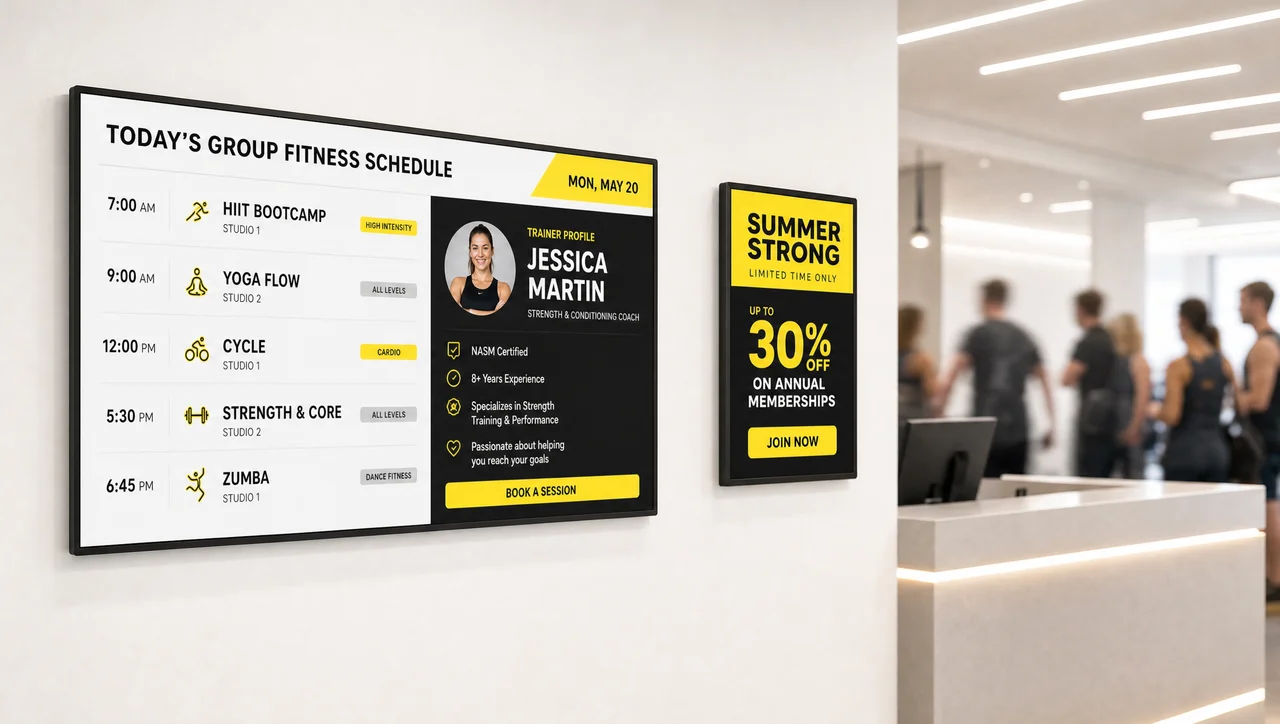Gym reception area with a class-schedule screen and trainer profile, plus a membership-offer display nearby.