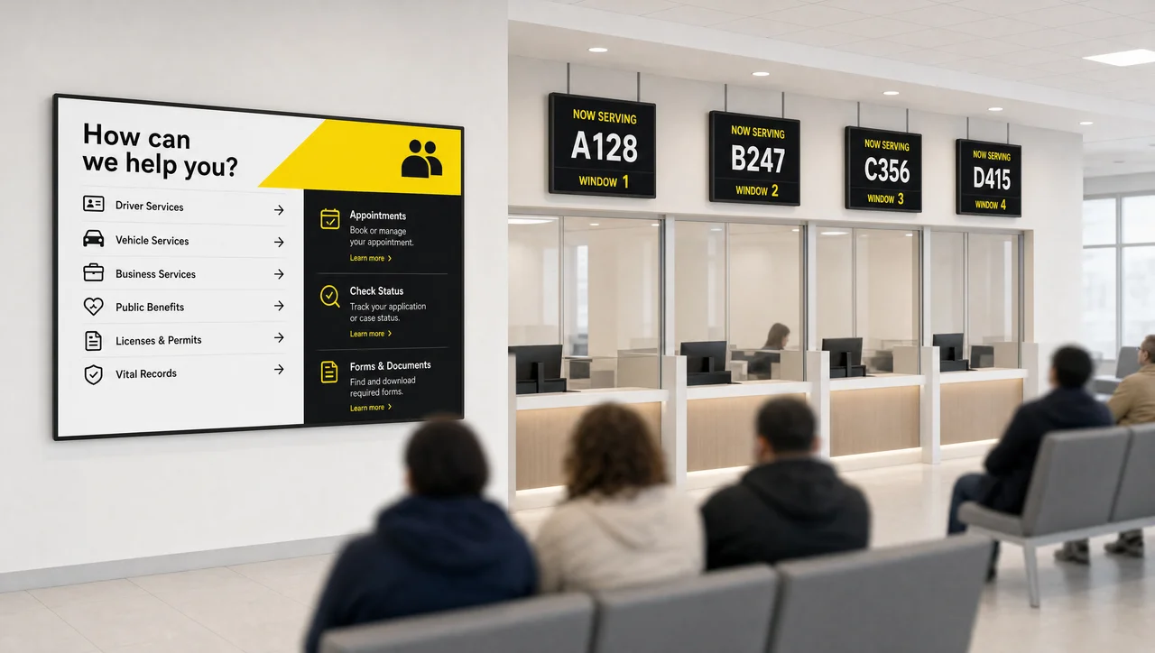 Government service office with a now-serving queue display above the counters and an information screen listing services.