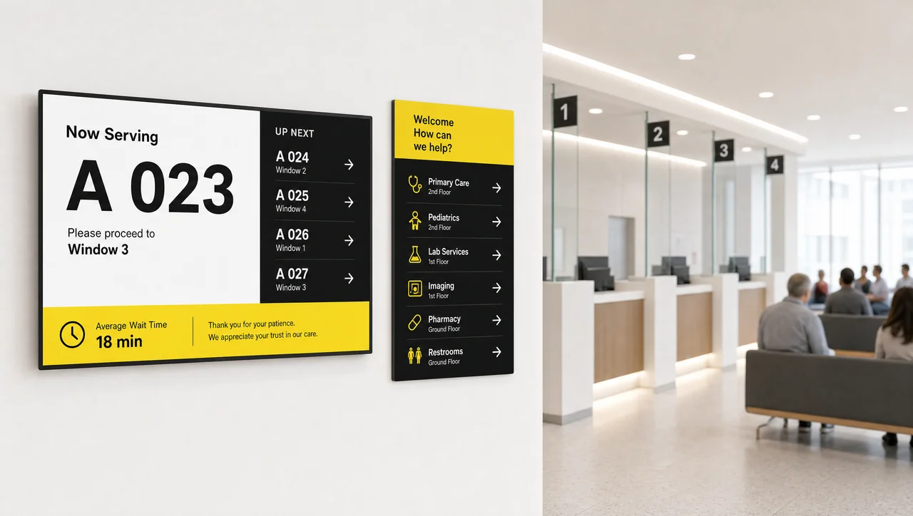 Clinic hallway with a queue-status screen at the reception desk and a wayfinding display pointing to departments.