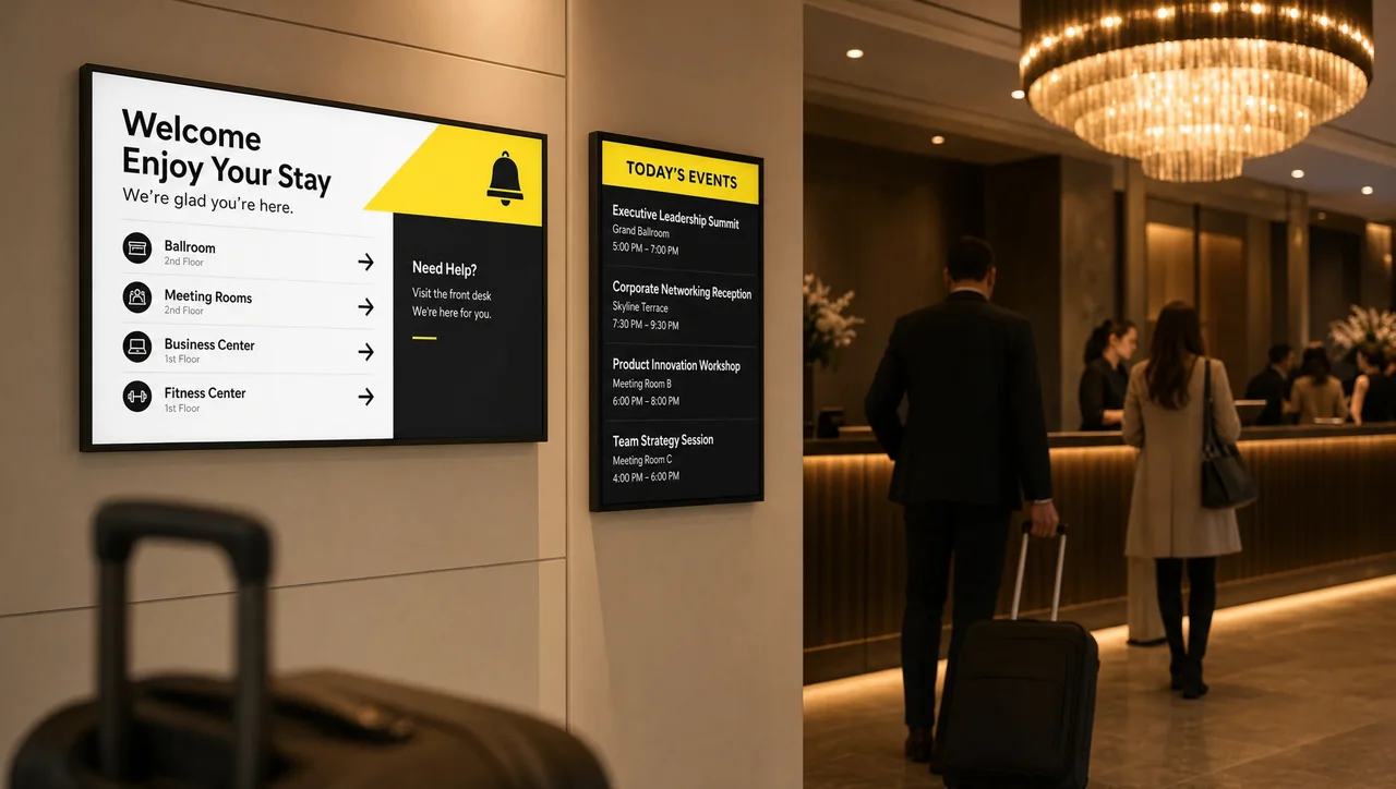 Hotel lobby in the evening with a welcome screen at the front desk and an events schedule display nearby.