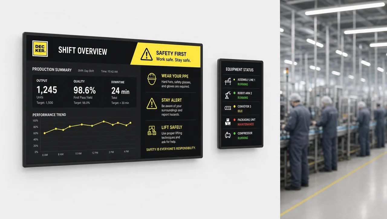 Factory floor near the assembly line with a shift-metrics screen and a safety alert, plus an equipment-status display.