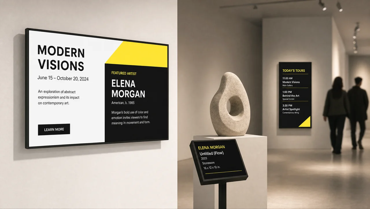 Museum gallery with an exhibit-information screen next to an artwork and a tour-schedule display in the background.