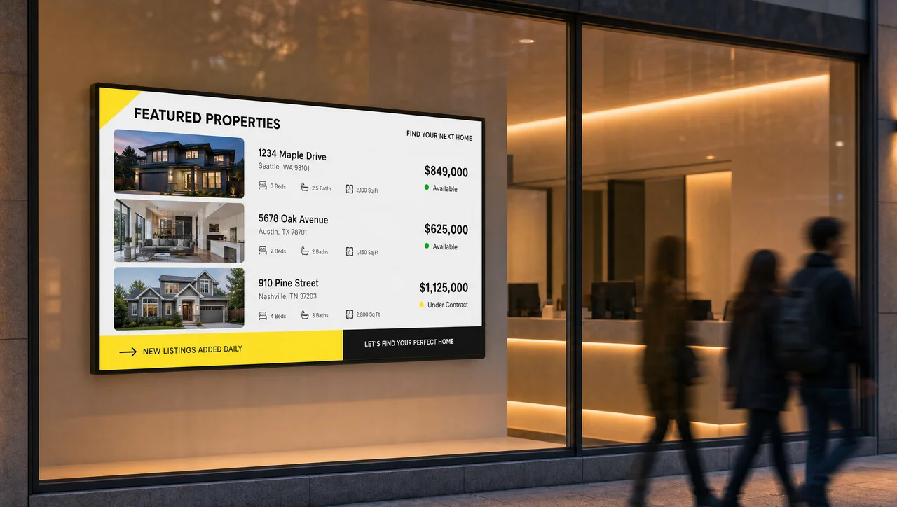 Real estate agency storefront window at dusk showing a rotating digital display of property listings, prices, and availability.