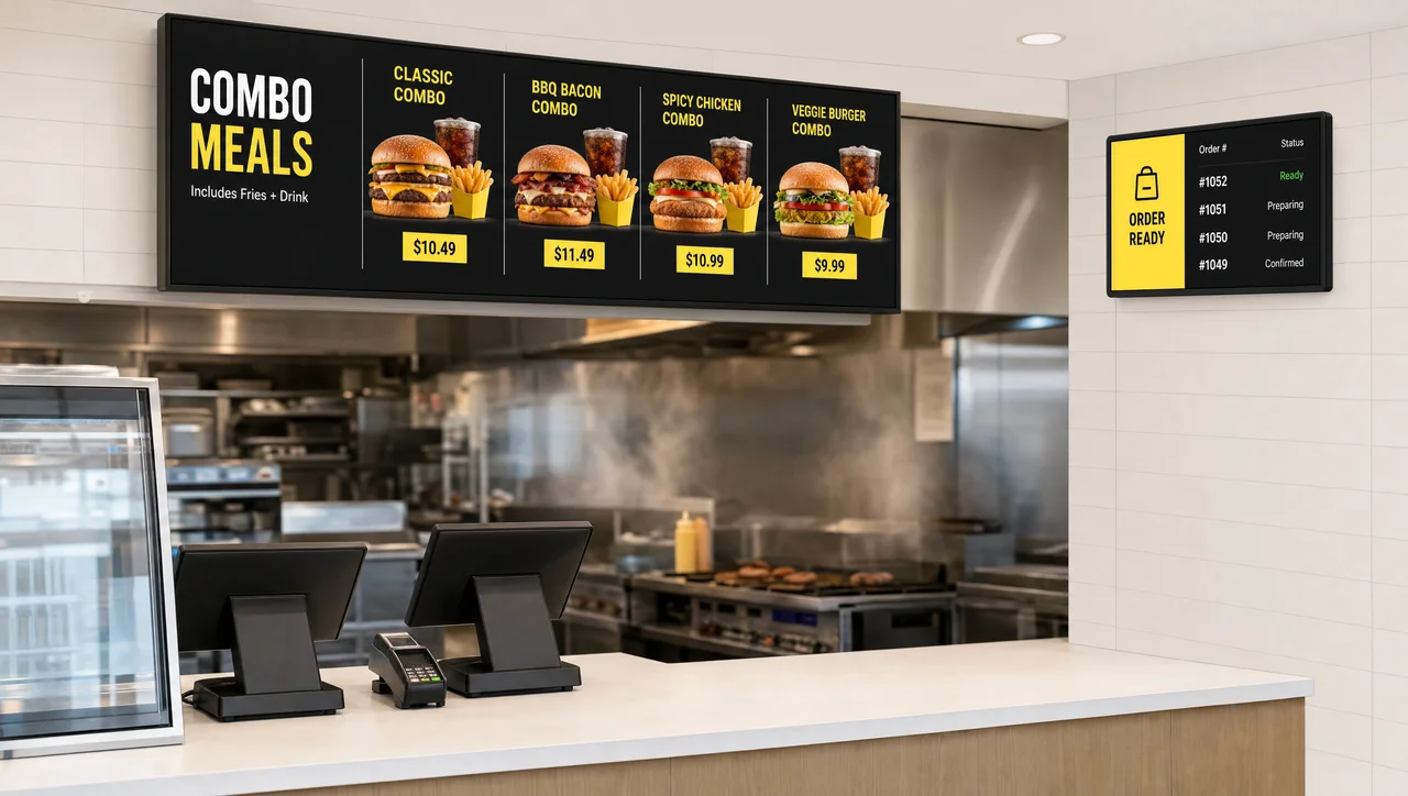 Fast-casual restaurant counter with a digital menu board showing combo prices and a small order-status screen nearby.