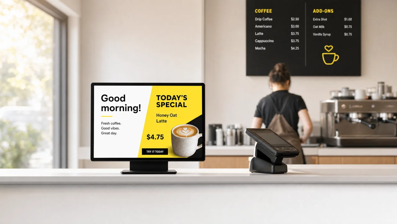 Small independent coffee shop with a single compact screen at the counter showing today's offer and a welcome message.