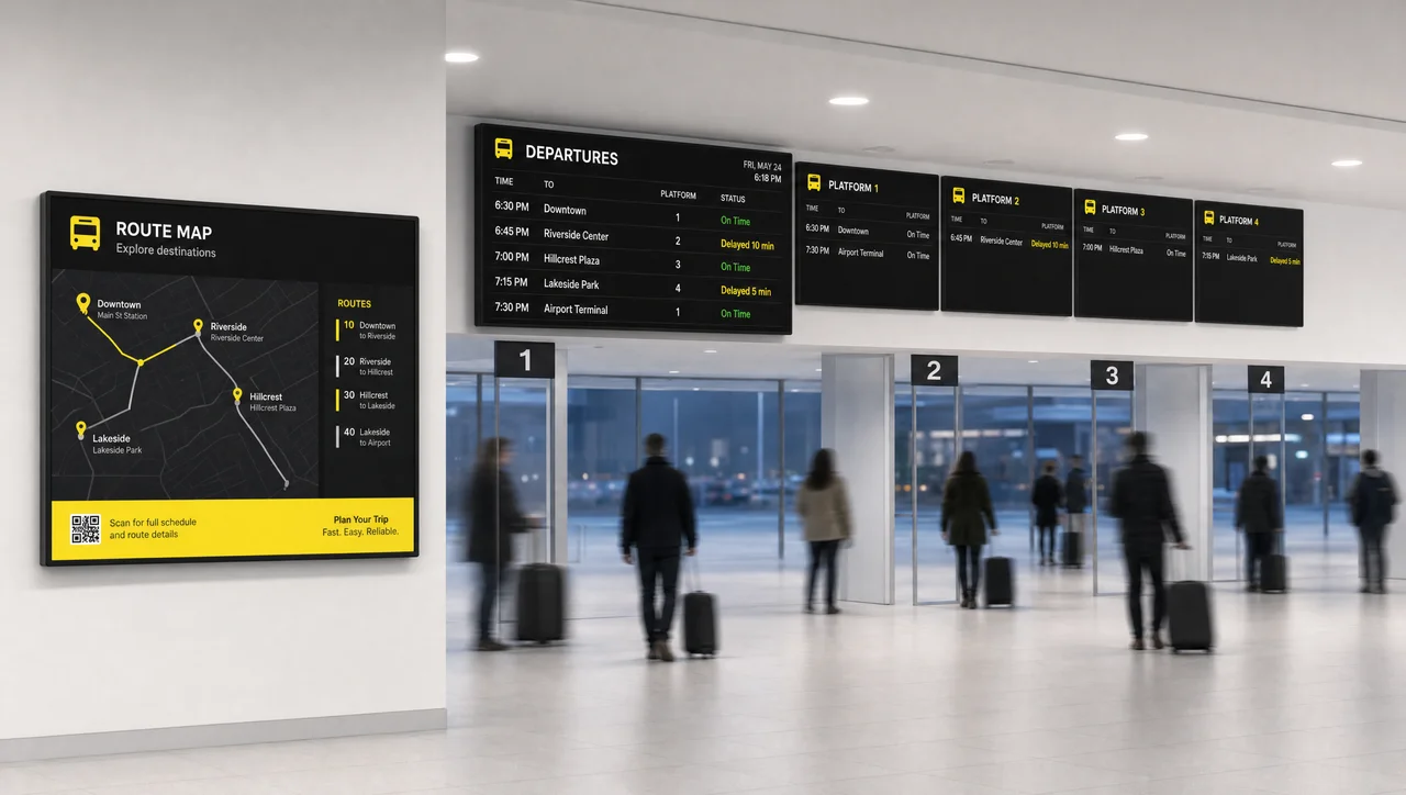 Bus terminal waiting area with a departures board showing schedules and delays, plus a route map display.