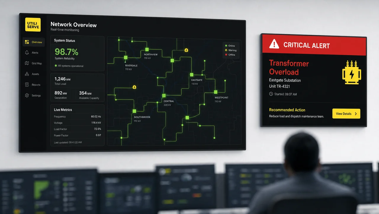 Utility control room with a video-wall map of the network and live monitoring data, plus a separate alert display.