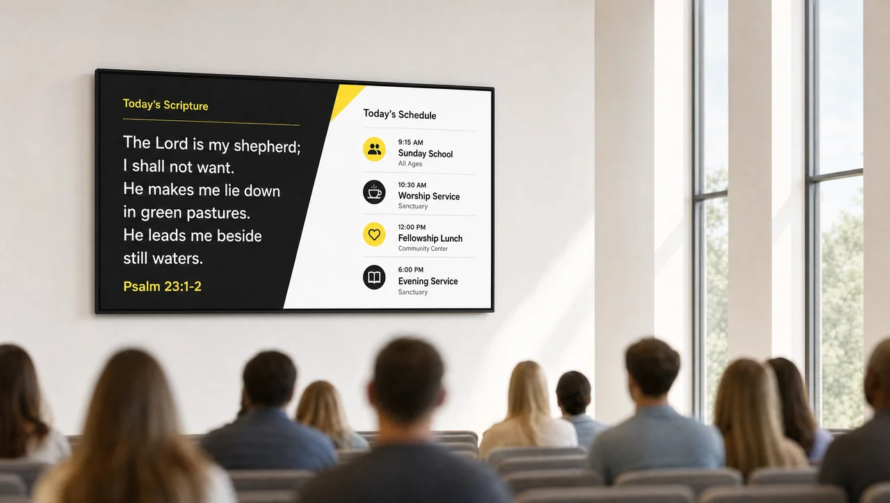 Community worship hall with a large screen displaying song lyrics and today's schedule of events.