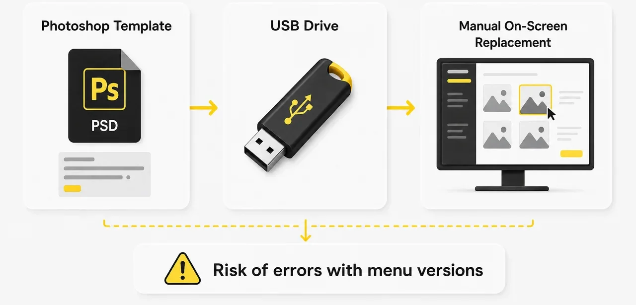 Diagram of the old Crave Cafe process before Decker: Photoshop, USB flash drive, manual swap