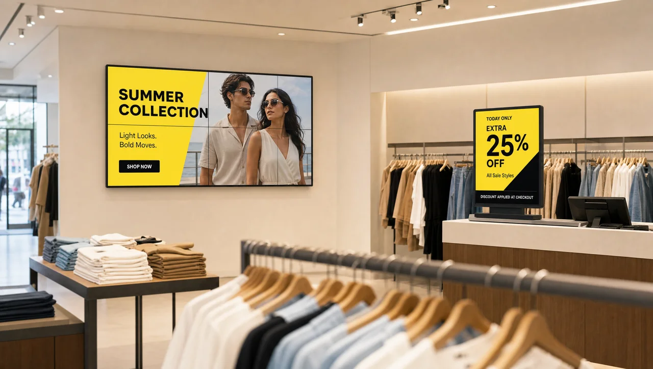 Retail store interior with a promotional video wall near the entrance and a digital price display at checkout.
