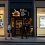 What industries use digital signage? A city street at dusk showing a retail storefront, a restaurant entrance, and a bank branch each running their own digital signage.