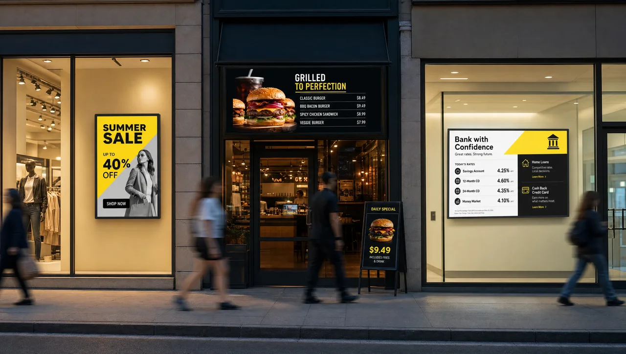 What industries use digital signage? A city street at dusk showing a retail storefront, a restaurant entrance, and a bank branch each running their own digital signage.
