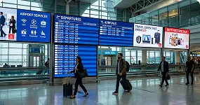 Airport Digital Signage solution showing flight information, wayfinding, and passenger displays
