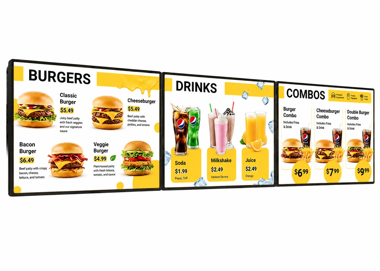 Digital menu boards in a restaurant ordering area