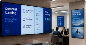 Digital Signage solution for banking showing branch screens, rates, and customer information