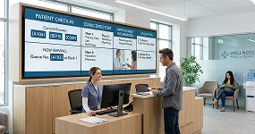 Healthcare Digital Signage solutions page showing patient information and wayfinding displays