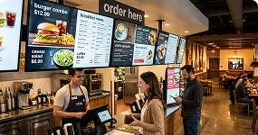 Restaurant Digital Signage solutions page showing menu boards, offers, and ordering-area screens