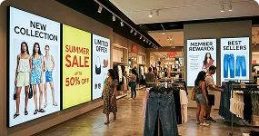 Retail Digital Signage solutions page showing promotional screens across store locations