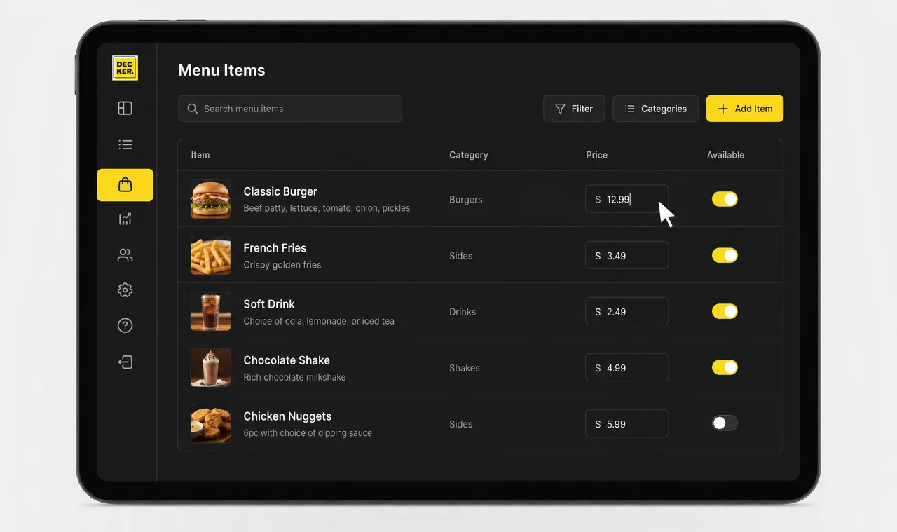 Staff member updating a price in the POS that feeds a Decker digital menu board, without opening a separate design tool.