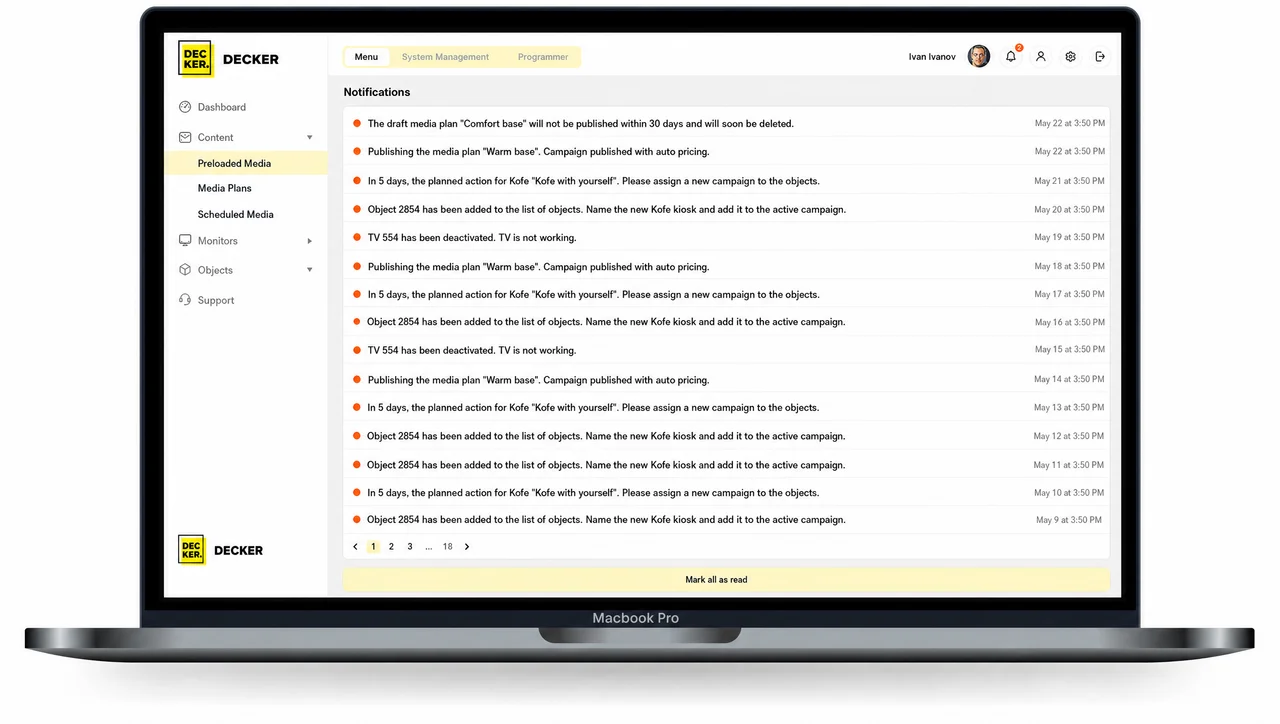 Decker dashboard displaying screen failure and exception alerts
