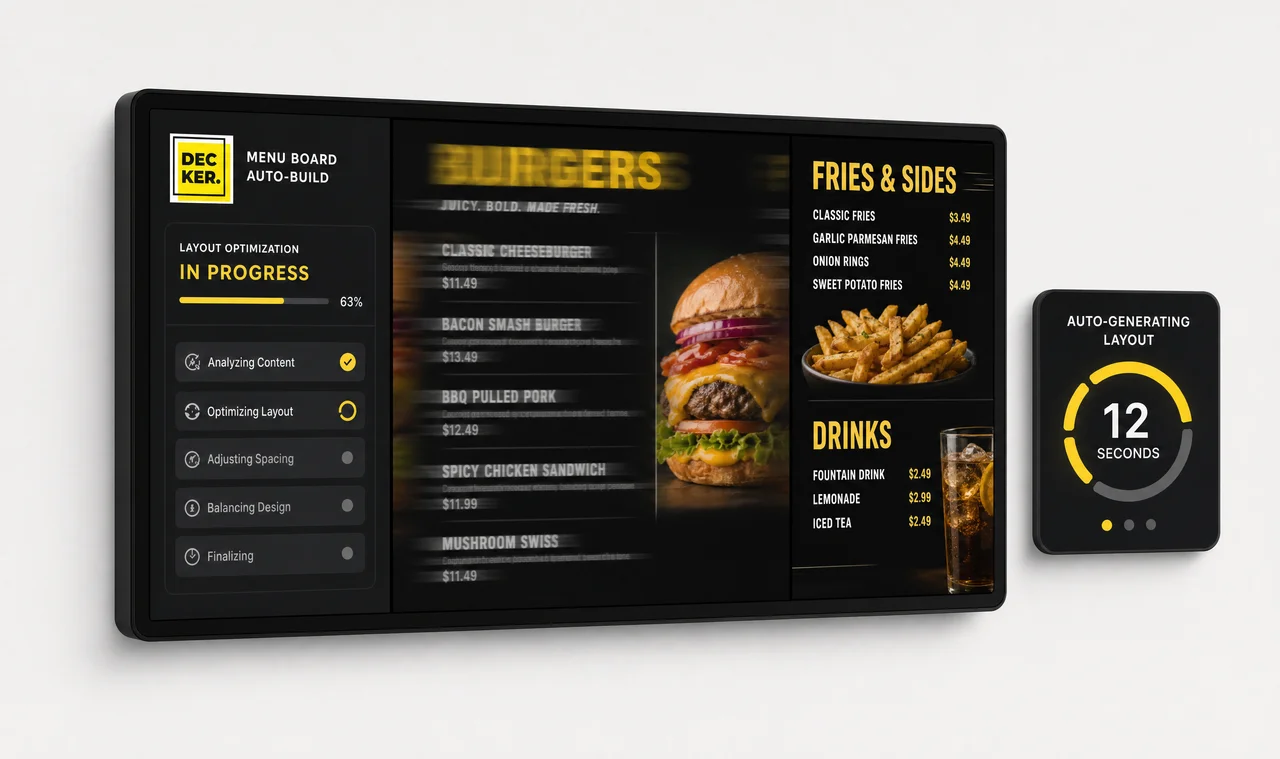 Digital menu board layout automatically reflowing fonts and spacing in seconds, with no design tool or cursor visible.