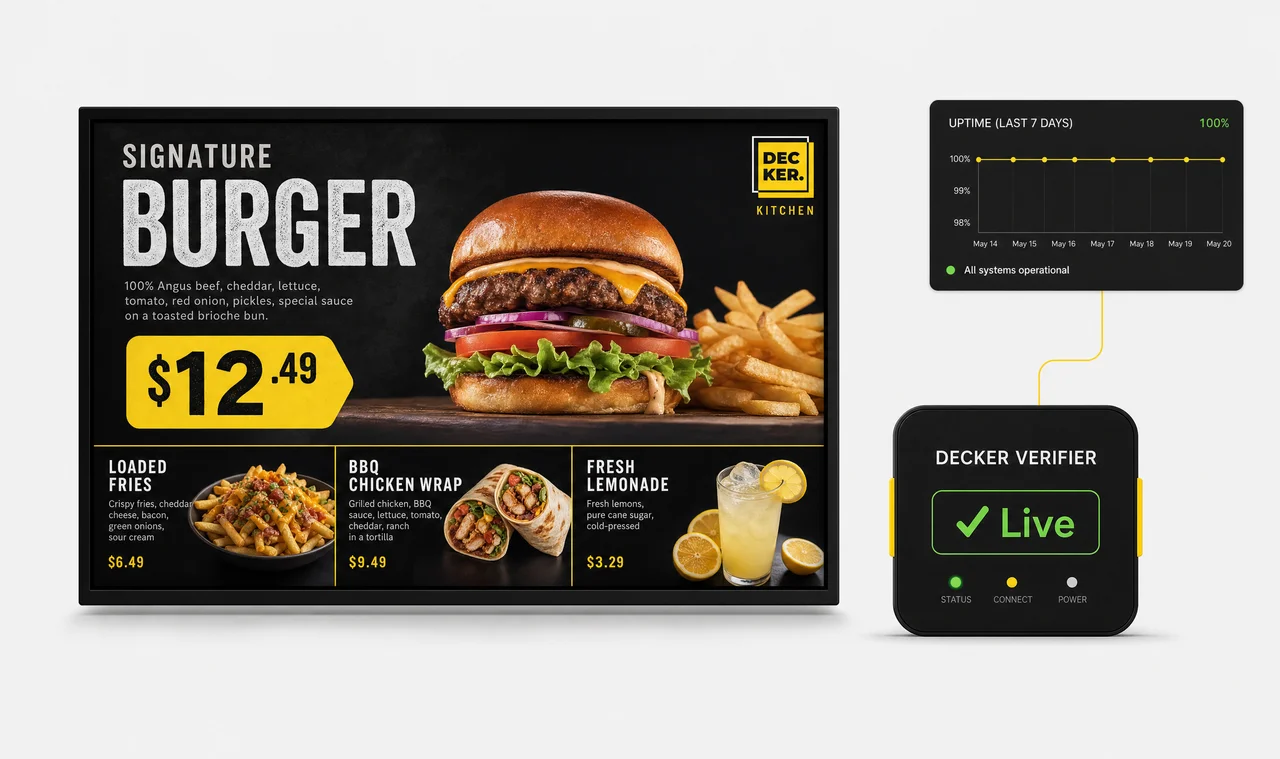 Decker Verifier confirming a digital menu board is live on screen, with an uptime log recording the result.