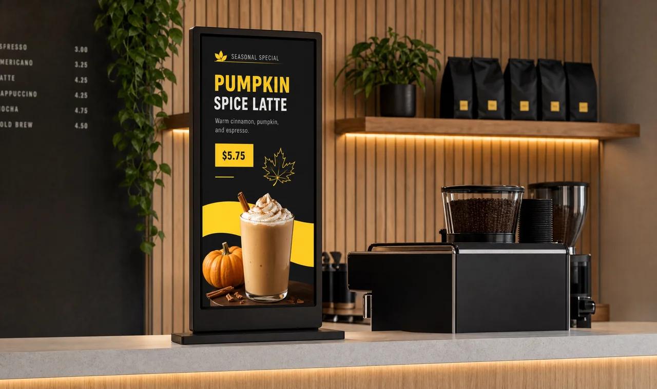 Digital menu board in a coffee shop