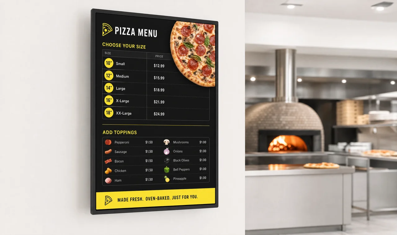 Digital menu board in a pizza shop