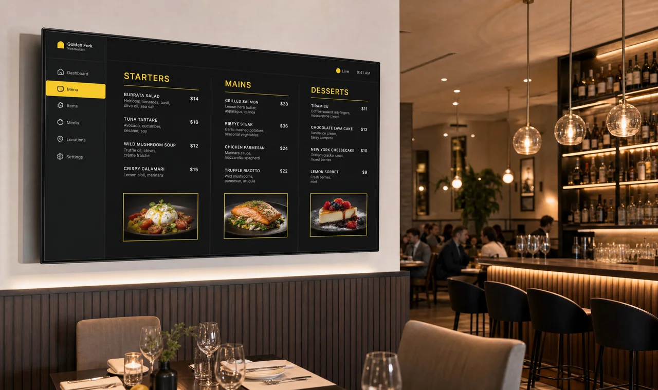 Digital menu board displaying a full-service restaurant menu
