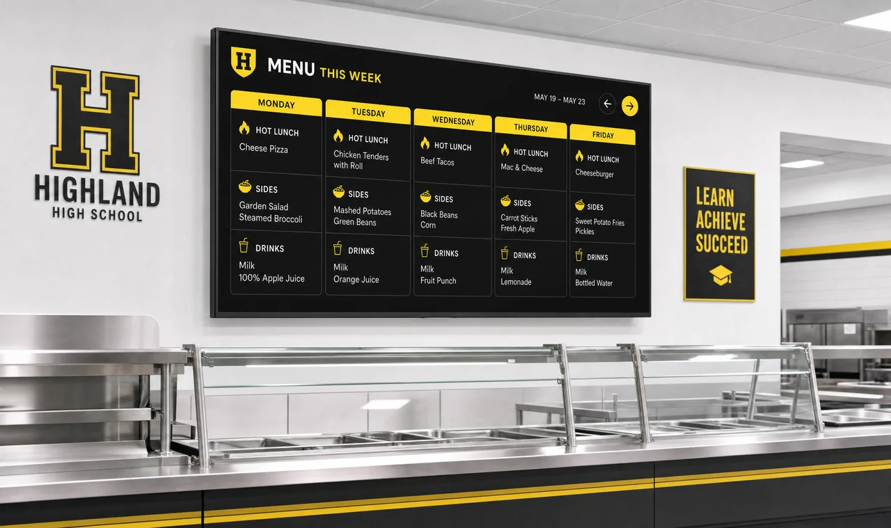 Digital menu board in a school cafeteria