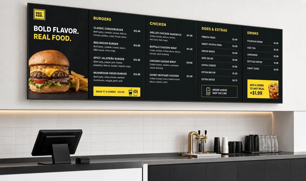 A menu board updated through Decker digital signage software.