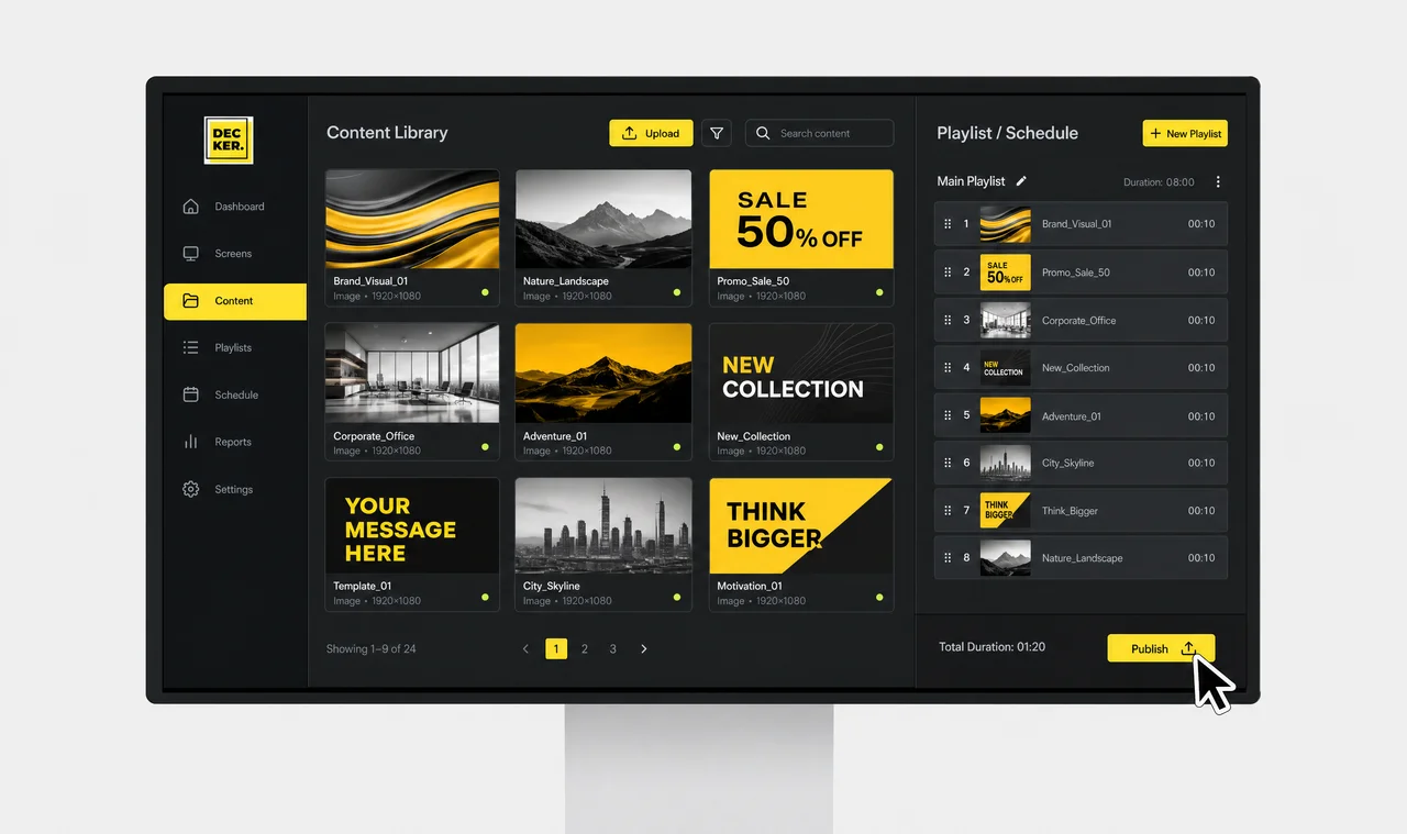 Screens sync with the Decker digital signage CMS the moment new content publishes.