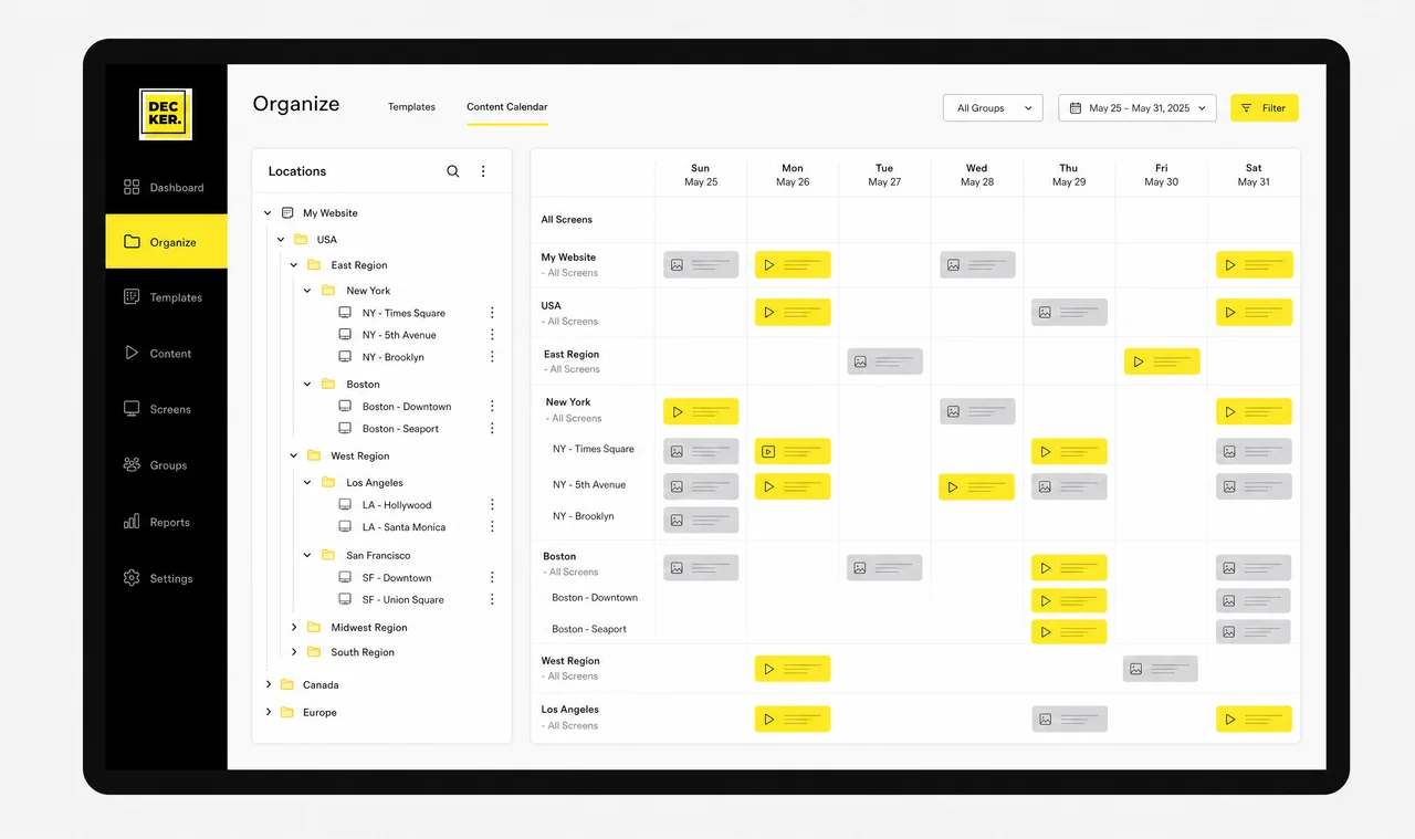 Decker screen organizing content templates by location, zone, and franchise unit.