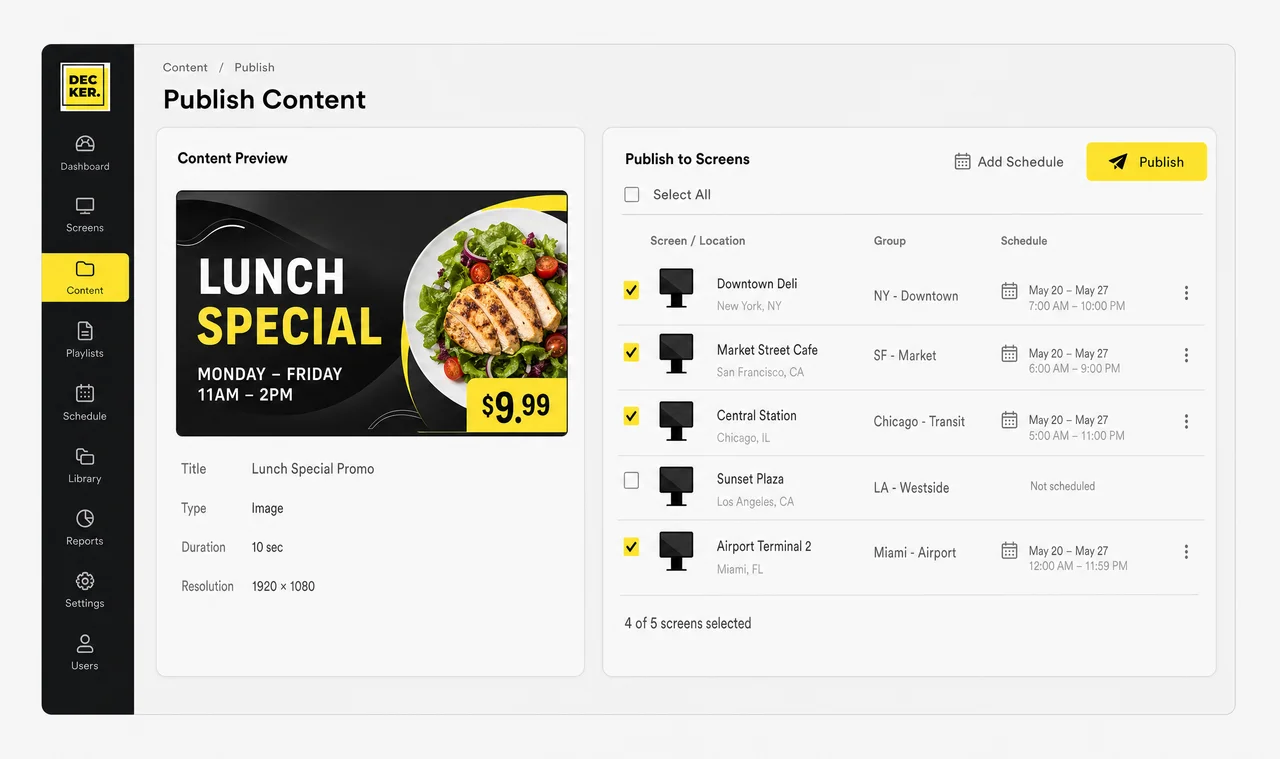 Screens update automatically once Decker publishes a new menu or promotion.