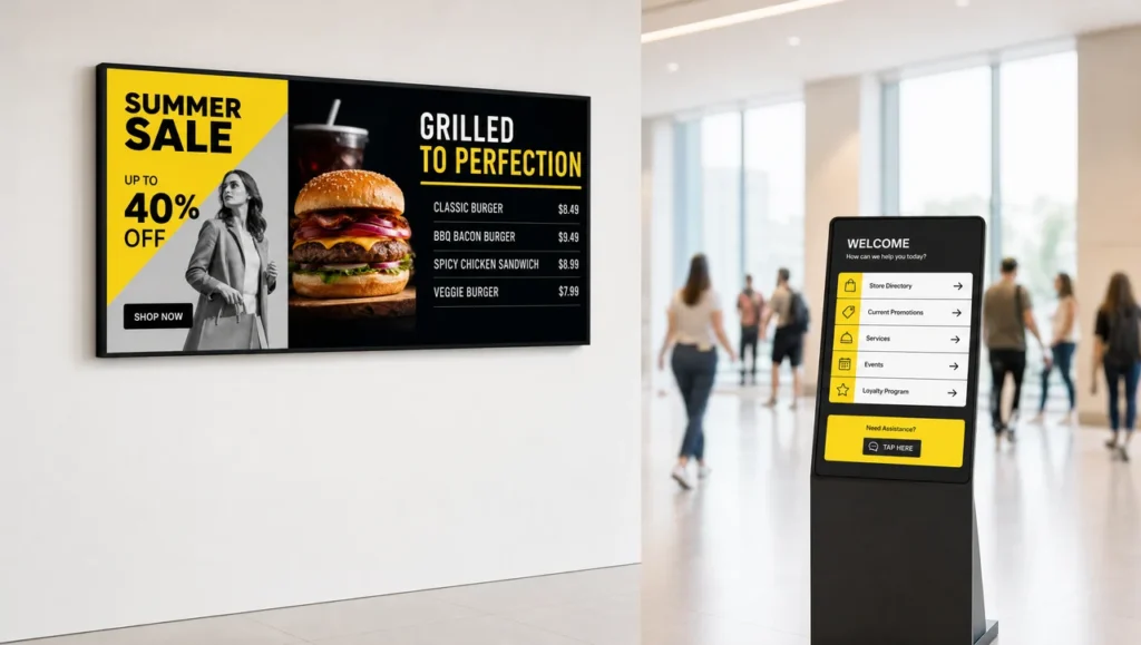 What is digital signage? A wall-mounted screen and an interactive kiosk showing different content in a modern lobby.