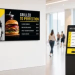 What is digital signage? A wall-mounted screen and an interactive kiosk showing different content in a modern lobby.