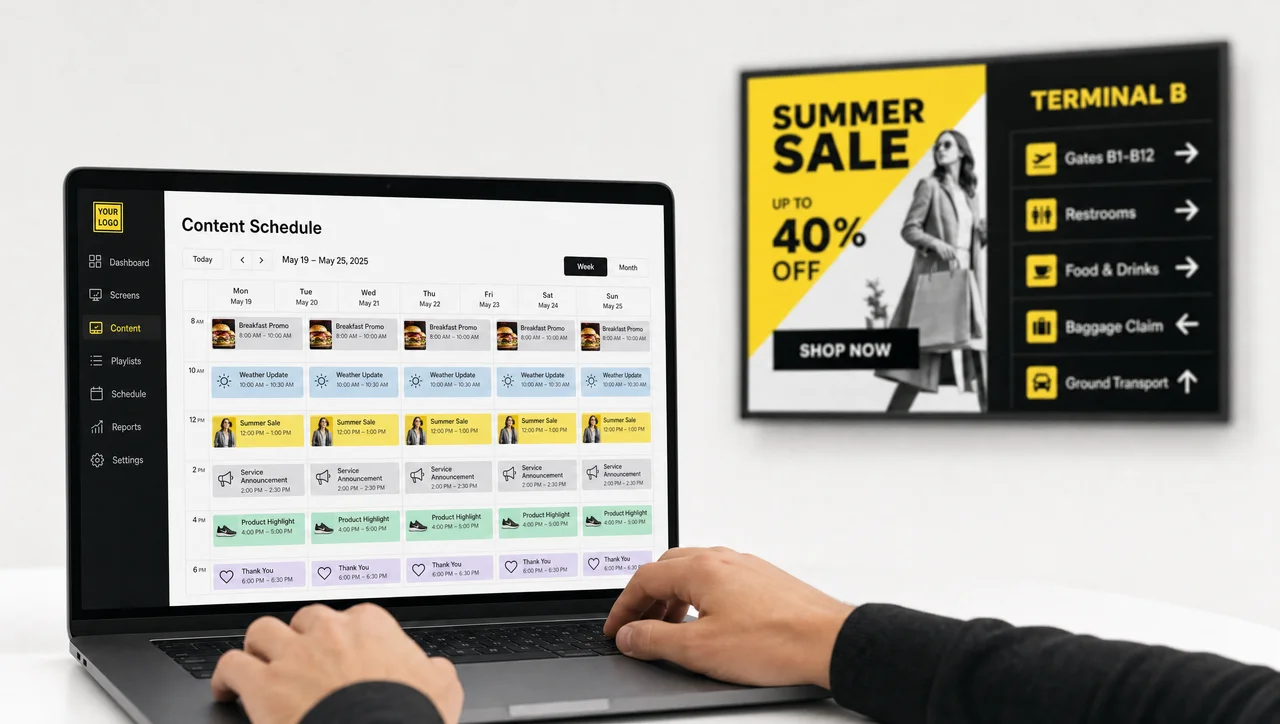 Person scheduling digital signage content on a laptop, with the published content visible on a screen in the background.
