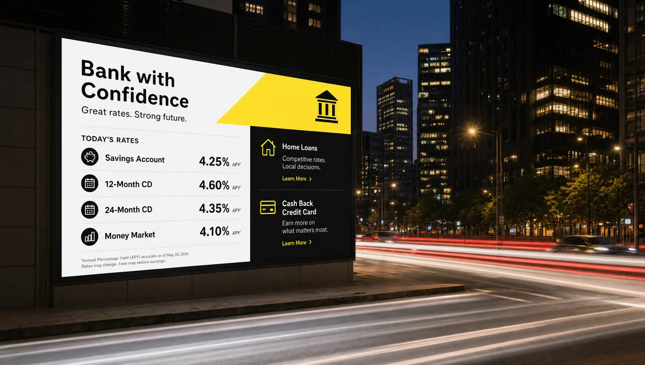 Digital out-of-home advertising screen glowing on a city street at dusk.