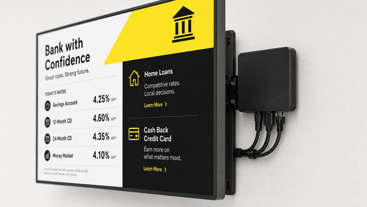 Close-up of a commercial digital signage display with a media player and cable management mounted behind it