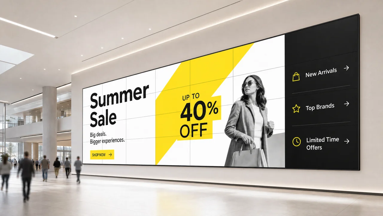 Large tiled video wall displaying dynamic content in a public atrium or mall lobby.