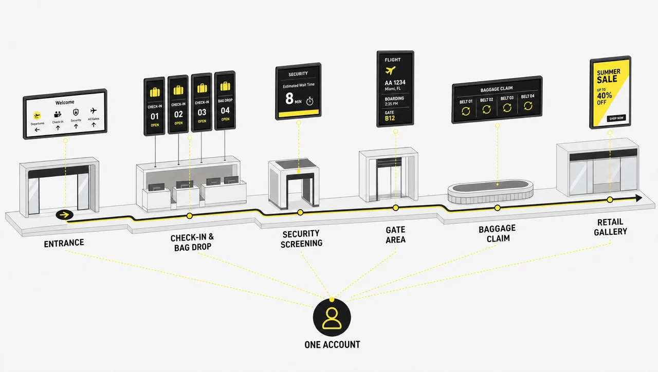Terminal floor plan showing digital signage placement across entrance, check-in, security, gates, baggage claim and retail zones.