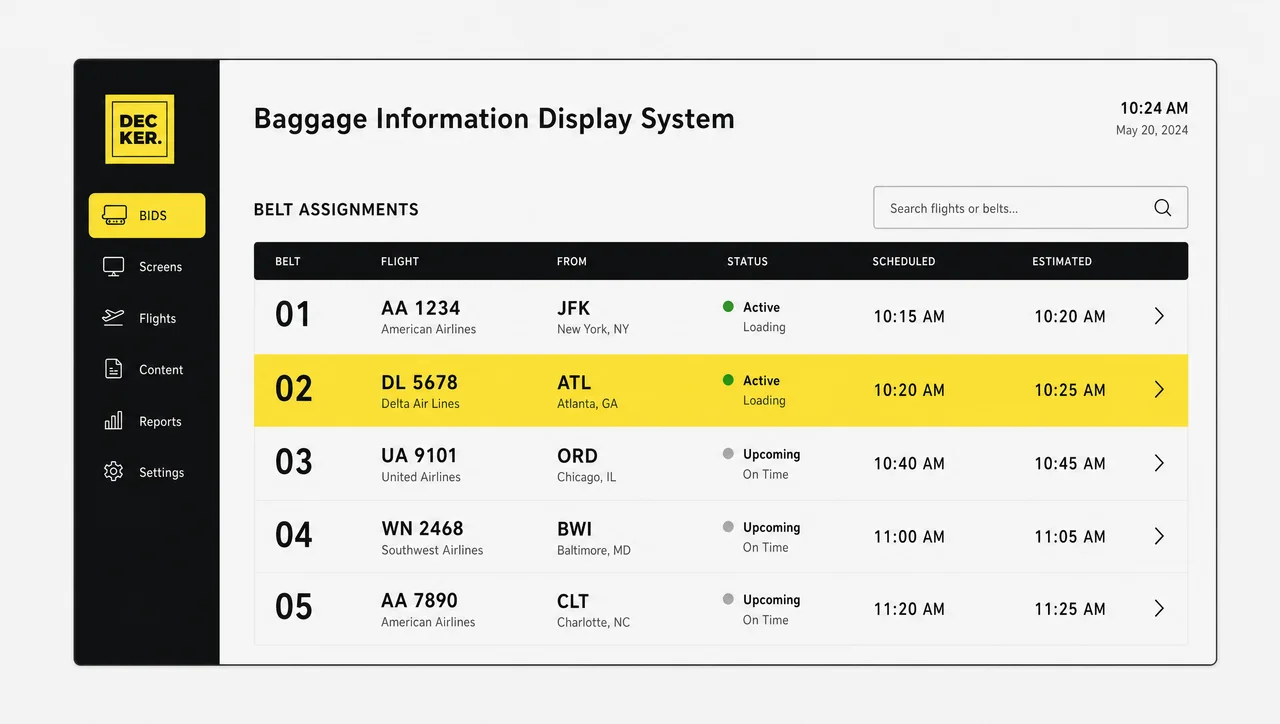 Baggage information display showing belt numbers assigned to flights.