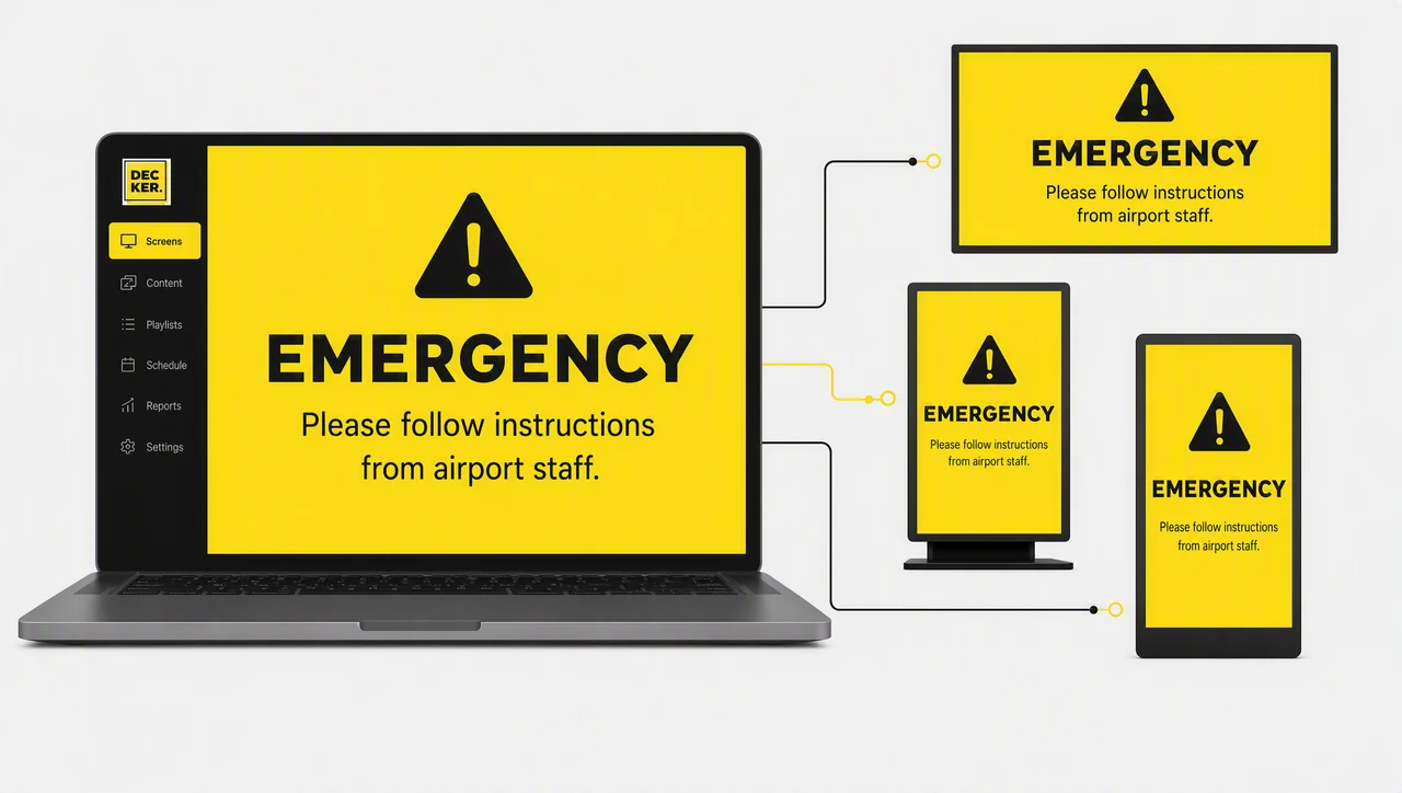 Emergency display showing a full-screen priority alert message.