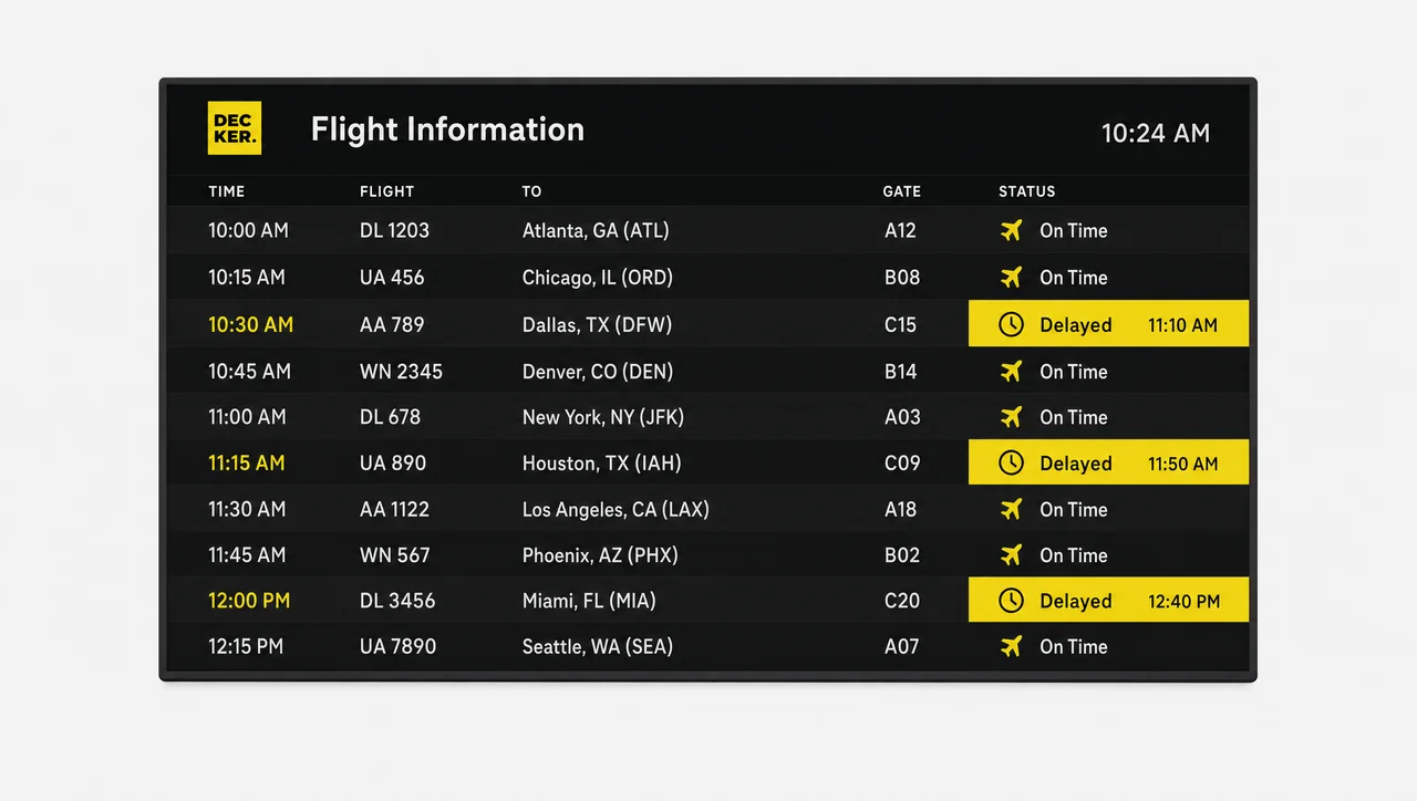 Flight information display board showing a full table of departures.