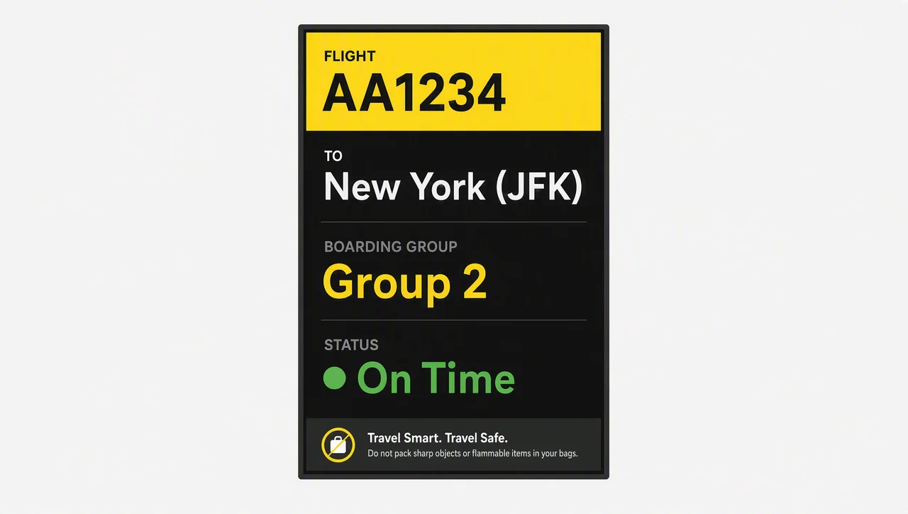 Gate information display showing a single flight and boarding status.